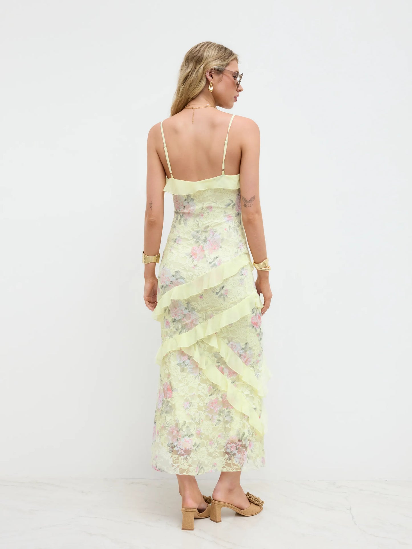 Lace V-neck Floral Ruffle Maxi Dress